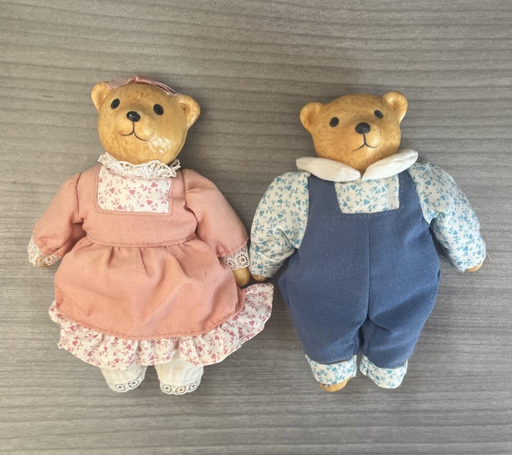Vintage Russ Berrie Porcelain Bear Stuffed Body Nursery Shelf Boy & Girl Bear